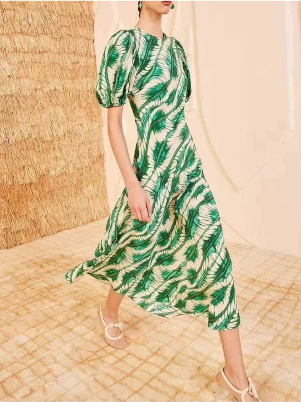 NWT Ulla Johnson Ines Dress Green Silk Puff Sleeve Floral Print Midi Dress Sz 4 - Picture 2 of 12